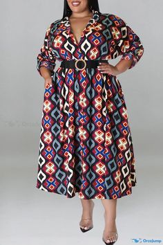 OrcaJump - Fuchsia Patchwork Print Turn-Down Collar Shirt Dress with Belt Plus Size Shirt Dress Plus Size, Belt Shirt, Collar Shirt Dress, Chic And Curvy, Collared Shirt Dress, Dress Sleeve Styles, Belted Shirt Dress, Printed Shirt Dress, Stylish Plus