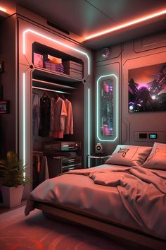 a bedroom with a bed, closet and television in it's centerpieces