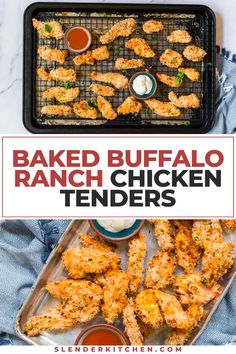 baked buffalo ranch chicken tenders on a baking sheet with dipping sauce in the background