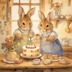 two rabbits are sitting at a table with a cake