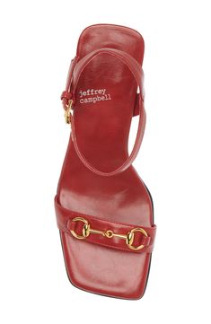 A classic, goldtone horsebit accents the slender vamp strap of this sandal lofted by a sturdy block heel. 3 1/2" heel (size 8.5) Leather upper/leather and synthetic lining/synthetic sole Imported Beachy Heels, 70s Heels, Going Out Heels, Red Heels Outfit, Red Kitten Heels, Jeffrey Campbell Sandals, Small Heels, Jeffrey Campbell Heels, Fall Heels