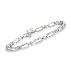 Ross-Simons - 2.00 ct. t. w. Pave Diamond Link Bracelet in 14kt White Gold. 8". You deserve this phenomenal bracelet. The link design has 2.00 ct. t. w. round brilliant-cut pave diamond clusters that give the look of 2.60 ct. t. w. diamonds. Crafted in 14kt white gold. Single-latch safety. Push-button clasp, pave diamond cluster bracelet. Diamond birthstones are the perfect gift for April birthdays. Classic Diamond Link Bracelets, Classic Diamond Link Bracelet, Timeless Link Diamond Bracelet For Formal Occasions, Classic Link Diamond Bracelet, Formal Oval Link Diamond Bracelet Fine Jewelry, Formal Diamond Bracelet With Rectangular Links, Formal White Gold Tennis Bracelet With Rectangular Links, Classic Formal Tennis Bracelet With Rectangular Links, Timeless Formal Diamond Link Bracelet