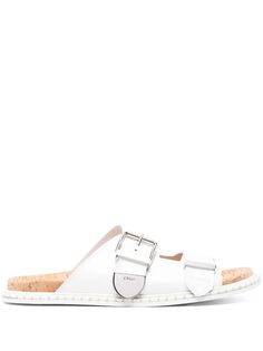 white calf leather double-strap design buckle fastening round open toe branded footbed flat rubber sole silver-tone hardware White Leather Sandals With Rectangular Buckle, Designer Open Toe Footbed Sandals With Buckle, White Double Strap Sandals With Cork-bed Midsoles, Designer White Sandals With Buckle Closure, Designer Flat Slides With Buckle Closure, Modern White Slides With Leather Footbed, White Flat Slides With Buckle Closure, Designer White Sandals With Leather Footbed, Modern White Open Toe Footbed Sandals