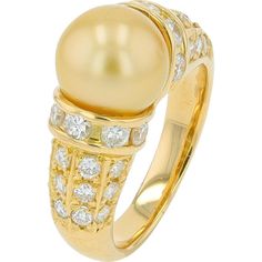 18K Yellow Gold Elegant Pearl and Diamond Ring - 1.00 Carat Total Diamond Weight Luxury Gold Pearl Ring With Round Band, Luxury Exquisite Diamond Pearl Ring, Regal Elegance, Golden Pearl, Gold Pearl Ring, Pearl And Diamond Ring, Diamond Birthstone, Timeless Luxury, Diamond Glitter