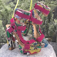 Fashionnova Head In The Clouds, Women’s 6m, Vivid Multi-Color Snakeskin Vinyl Uppers, One Band Open Toes, 3 Adjustable Velcro Ankle Straps, 5.5” Stack Heels, 1.25” Front Platform Rise, 3/4 Length Memory Foam Insoles, Tan Rubber Soles. Shoes Are In Excellent-Never-Been-Worn Brand New Condition Pink Wedge Heels With 4-inch Heel, Pink High Heel Platform Shoes, Pink High Heel Synthetic Heels, Bold Pink Platform Heels, Pink 4-inch Wedge Heels, Bold Pink Heels, Bold Pink Heels For Party, Bold Pink Party Heels, Fashion Nova Shoes