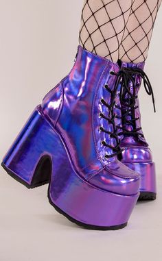 The Camel series is the ultimate chunky platform boot. Whether you're looking to make a statement, or just a new staple, your wardrobe will love these babies! Vegan Purple Holographic 5 inch heel 3 inch platform Lace up Rear zipper US women's sizing: refer to size chart for more info. Hak Tinggi, Goth Shoes, Goth Boots, Gothic Boots, Gothic Shoes, Platform Boots Chunky, Cute Shoes Heels, Kawaii Shoes, Boots Platform