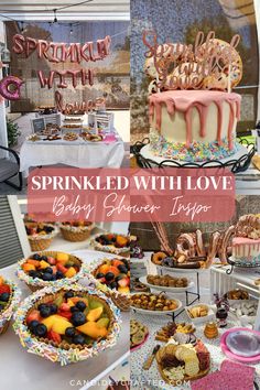 a table topped with cakes and desserts covered in icing next to a sign that says sprinkled with love