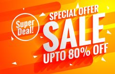 an orange sale banner with the words special offer up to 80 % off on it