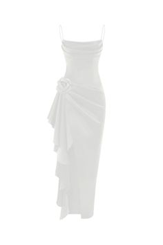 Flower embellished draped satin midi dress white 7D020 – RASARIO White Fitted Bodycon Evening Dress, Elegant White Ruched Bodycon Dress, White Fitted Elastane Maxi Dress, Elegant Elastane Bodycon Dress With Ruched Bodice, Elegant Bodycon Dress With Ruched Bodice, Fitted Elastane Maxi Dress For Wedding, Fitted Ruched Evening Dress In Elastane, Fitted Elastane Evening Dress For Wedding, Fitted Ruched Elastane Evening Dress