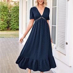 Short Sleeve Boho Casual Flowy Dress Navy V-neck Midi Dress For Spring, Blue A-line Maxi Dress For Date Night, Navy V-neck Vacation Dress, Navy V-neck Maxi Dress For Spring, Navy Short Sleeve Dress For Vacation, Navy V-neck Spring Dress, Navy V-neck Dress For Spring, Navy V-neck Dress For Brunch, Navy Short Sleeve Maxi Dress For Spring