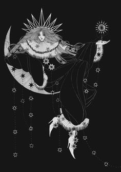 a black and white drawing of a woman on the moon with stars in her hair