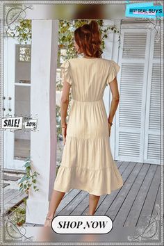 Women Spring Summer Leisure Vacation A Line Dress V Neck Sexy Flying Sleeve Solid Color Dresses Beige Solid Color Midi Dress For Vacation, Beige Solid Color Dress For Vacation, Beige Solid Color Dress For Brunch, Solid Non-stretch Midi Dress For Vacation, Beige Fitted V-neck Sundress, Fitted Beige V-neck Sundress, Beige Solid Color Dress For Day Out, Knee-length Solid Color Midi Dress For Vacation, Non-stretch Solid Color Summer Dress