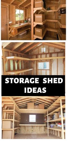 the inside of a storage shed with lots of shelves