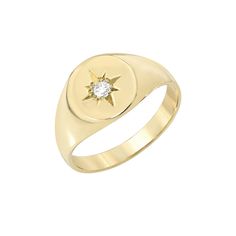 "This traditional Signet style ring is composed of 14K solid gold & uniquely complemented with a genuine GVs1 quality round brilliant cut natural real Diamond in a star setting. This ring is the perfect unique addition to your ring collection! NOTE: This design can be made with any precious gemstone desired. Please contact us for pricing and availability. ♦ Ring Dimensions: approximately 9.5mm (outer diameter to widest portion) - 2.3mm (height of tapered end of inner band) ♦ Band Thickness: appr Celestial 14k Gold Rings With Center Stone, Celestial Yellow Gold Jewelry With Center Stone, Star-shaped Signet Ring For Promise - Fine Jewelry, Star Shaped Fine Jewelry Signet Ring For Promise, Celestial 14k Gold Diamond Ring With Round Cut, Classic Star-shaped Jewelry With Single Diamond, Celestial Yellow Gold Rings With Center Stone, Celestial Style Yellow Gold Rings With Center Stone, Formal Star-shaped Single Diamond Jewelry