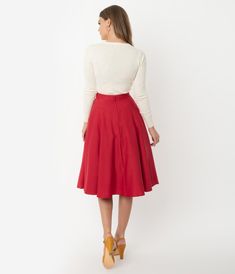 1950s Style Red Button Tab High Waist Swing Skirt – Unique Vintage Classic Fitted Pleated Flared Skirt, Classic Fitted Flared Skirt, Vintage Red Fitted Petticoat, Classic Fitted Full Pleated Skirt, Retro Full Gathered Skirt, Fitted Pleated Midi Petticoat, Classic Knee-length Skirt For Party, Classic Knee-length Party Skirt, Retro Knee-length Party Skirt