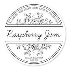 the raspberry jam sticker is shown in black and white, with floral designs