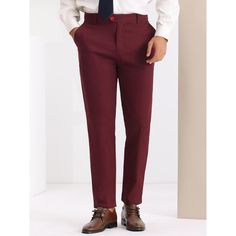 These slim-fit dress pants from INSPIRE CHIC offer a stylish and modern choice for formal occasions or professional settings. Made from a blend of 65% cotton, 33% polyester, and 2% spandex, they provide comfort and breathability. The flat front and button closure design add to the formal style, making them suitable for various events. Available in solid colors, these trousers can easily complement your wardrobe. Ideal for work, office meetings, parties, proms, and daily wear. Solid Slim Fit Straight Work Pants, Slim Fit Chinos For Business Casual, Business Casual Slim Fit Ankle-length Dress Pants, Formal Solid Cotton Bottoms, Fitted Ankle-length Chinos For Business, Slim Fit Semi-formal Dress Pants, Semi-formal Slim Fit Straight Dress Pants, Slim Fit Dress Pants With Welt Pockets For Office, Fitted Business Chinos With Pockets