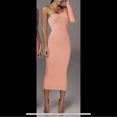 Hi! This Is A Super Cute Peach Midi One Arm Dress From Jluxlabel. Size Medium. Nwt! Never Worn! Perfect For Spring And Summer! Wedding Season! I Got This Dress A Year Or So Ago (In Two Colors) And Just Never Got Around To Wearing Them And Now It Doesn’t Quite Fit! Super Super Cute!! Form Fitting And Double Layered. Perfect For A Classy Date Night Or Night Out With Your Girls Or Even Wedding Szn! Original Price Estimate $90 All Purchases Are Final And Are “As Is Sales.” I Do Not Accept Returns, S Pink One-shoulder Bodycon Dress For Spring, Apricot Fitted Maxi Dress For Party, Elegant Apricot Maxi Dress For Party, Fitted Apricot Maxi Dress For Party, Pink One Shoulder Bodycon Midi Dress, Pink Knee-length Bodycon Dress For Brunch, Pink One-shoulder Maxi Dress For Night Out, Pink Stretch One-shoulder Maxi Dress, Pink One-shoulder Stretch Maxi Dress