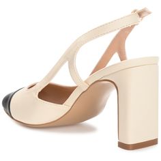 Looking for a stylish and chic pair of pumps? Check out the Reignn pumps by Journee Collection. These gorgeous pumps feature a cap-toed design, luxe vegan leather uppers, a wide-width footbed, and a soft padded footbed to keep you comfortable. Complete with a sling-back strap and a covered half-block heel, these pumps are perfect for a night out or a day at the office. Cream Slingback Pumps With 4-inch Heel For Spring, Chic Spring Heels With Rubber Heel Cap, Summer Evening Open Toe Heels With Rubber Heel Cap, Chic Cream High Heel Slingback Pumps, Chic Summer Heels With Rubber Heel Cap, Chic Cream Heels For Evening, Chic Cream Closed Toe Slingback Pumps, Chic Cream Heels With Contrasting Heel Counter, Chic High Heel Pumps