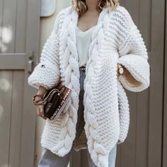 Stunning Thick Cable Knit Cardigan! Soft And Chunky This Is A Cream Color Loose Fit Style For The Look! Dik Vest, Thick Knit Cardigan, Waistcoat Sweater, Solid Dress Casual, Chunky Sweater Cardigan, Feeling Blessed, Puff Sleeve Sweater, Long Sleeve Dress Formal, Winter Vest