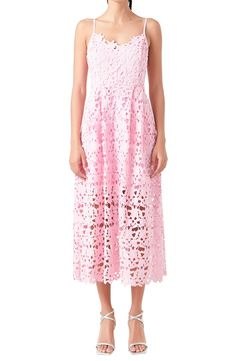 Floral lace embroidery beautifully covers the fit-and-flare silhouette of a sleeveless midi dress with scalloped trim and hidden pockets at the sides. 100% polyester Hand wash, dry flat Imported Cami Midi Dress, Linen Midi Dress, Rose Lace, Sleeveless Midi Dress, Scalloped Trim, Pink Midi Dress, Lace Midi, Rose Dress, Lace Cami