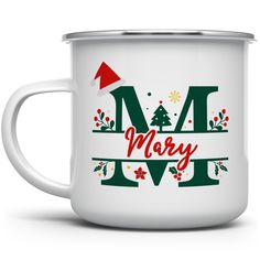 a white enamel mug with the words merry love on it