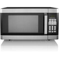 a stainless steel microwave oven on a white background