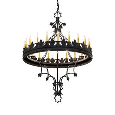 an iron chandelier with candles hanging from it's center, isolated against a white background