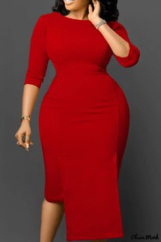 Olivia Mark - Red Solid Asymmetrical O-Neck Womens One-Step Skirt Dress Elegant Work Dress, Summer Work Dress, Draped Bodycon Dress, Work Dresses For Women, Mid Calf Dresses, Midi Pencil Dress, Red Bodycon Dress, Dress Women Elegant, Formal Dresses For Women