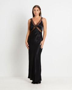 STUDIO Everleigh Lace Slip Midi Dress in Black | General Pants Chic V-neck Maxi Dress For Night, V-neck Lace Bodice Dress For Date Night, Fitted V-neck Slip Dress With Lace Bodice, Satin V-neck Dress With Lace Bodice, Elegant Maxi Slip Dress With Lace Trim, Modal Satin V-neck Slip Dress For Date Night, V-neck Modal Satin Slip Dress For Date Night, Elegant V-neck Slip Dress With Lace Back, V-neck Evening Dress With Lace Back