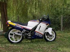 a motorcycle parked in the grass next to a tree