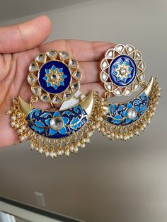 Handpainted blue Meenakari indian Chandbalis/earrings. The big stud on the top portion helps it keep sit upright. The small pearls are used for finishing it. Chandbalis Earrings, Bridal Necklace Set, Beautiful Inside And Out, Earrings Blue, Red Stone, Bridal Necklace, White Ring, Matching Earrings, Big Size