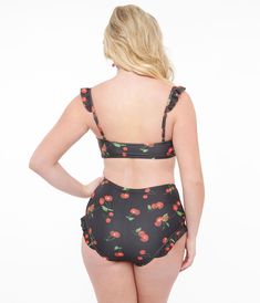 This stylish set features a cherry print throughout a black background that is sure to turn heads at the beach or pool. The tie front top comes with adjustable strings for the perfect fit, while the ruffle sleeves add a fun and flirty touch. The side boning and removable padding provide extra support and comfort while you soak up the sun. The high waist bottoms provide just the right amount of coverage while still keeping you looking fabulous.Available in sizes S-XXL while supplies last. Swimsuit Stores, Black Backdrops, Tie Front Top, Swim Sets, Swimsuits High Waisted, Cherry Print, Print Swimsuit, High Waist Bottoms, Printed Swim