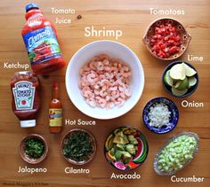 ingredients for shrimp salad laid out on a table