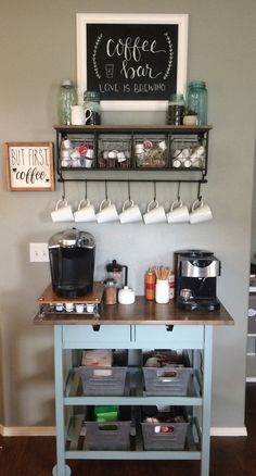 a coffee bar with two shelves and cups on it