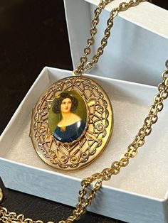 Victorian Porcelain Cameo 2" Locket Necklace 24" Chain Vintage 70s FREE SHIP Handmade Vintage Chain Necklace, Retro Medallion Necklace With Vintage Charm, Vintage Oval Necklace With Adjustable Chain, Retro Medallion Jewelry With Vintage Charm, Retro Jewelry With Adjustable Chain, Retro Style Necklace With Large Pendant, Retro Engraved Jewelry For Collecting, Retro Engraved Collectible Jewelry, Vintage Gold Jewelry For Vintage Fashion