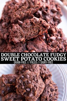 double chocolate fudge sweet potato cookies are stacked on top of each other and the words, double chocolate fudge sweet potato cookies