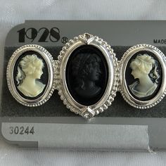 1928 Jewelry Co Blue Cameo Trio Brooch Nwt. This Brooch Features 3 Separate Portraits Of Girls. The Brooch Is Silver Toned. This Is Costume Jewelry. I Have A Pair Of Matching Earrings And Necklace That Are Listed Separately. Classic Evening Brooch, Silver Costume Jewelry Brooch For Formal Occasions, Silver Costume Jewelry Brooches For Formal Occasions, Silver Costume Jewelry Pins For Formal Occasions, Classic Formal Pins, Elegant Antique Silver Brooches For Formal Occasions, Formal Costume Jewelry Pins, Silver Victorian Pins, Portraits Of Girls