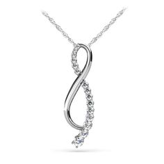 This journey diamond necklace is suspended by a white gold cable-link chain and features fifteen graduated round cut diamonds (0.01ct - 0.10ct) running along one side. Approximately 1/2 carat total weight and proudly made in the USA. Modern Twist Diamond White Jewelry For Formal Occasions, Formal Diamond White Jewelry With A Modern Twist, Elegant Spiral Jewelry For Formal Occasions, Infinity Shaped White Gold Jewelry With Prong Setting, White Gold Infinity Jewelry With Prong Setting, Modern Twist Silver Jewelry With Prong Setting, Modern Twist Jewelry With Diamond Accents, Modern Twist Jewelry With Diamond Accents For Formal Occasions, Modern Twist Formal Jewelry With Diamond Accents