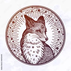 the head of a fox in a circle with stars and clouds on a grungy background