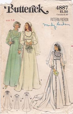 This vintage Butterick sewing pattern was designed in 1977. It makes a fitted and flared gown with a raised waist. Size 14: Bust 36   ---   Waist 28   ---   Hip 38. The pattern has been neatly used and is complete. The instructions are included. The envelope is in poor condition and will arrive in an archival sleeve. To see more bridal patterns: https://www.etsy.com/shop/studioGpatterns?section_id=7331057 To visit my shop: https://www.etsy.com/shop/studioGpatterns Pattern Wedding Dress, Vintage Wedding Dress Pattern, Wedding Gown Patterns, Bridal Sewing Patterns, Vintage Dress Pattern, 70s Wedding Dress, Butterick Dress Patterns, 1970s Wedding Dress, 70s Wedding