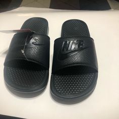 These Are Brand New Nike Flip Flops Slip-resistant Black Sandals, Black Flat Synthetic Sneakers, Nike Casual Slides With Textured Footbed, Black Flat Sneakers With Cushioned Footbed, Black Cushioned Flat Sneakers, Casual Black Sandals With Rubber Sole, Black Slip-resistant Round Toe Sandals, Black Slip-resistant Slides For Spring, Spring Black Slip-resistant Sandals