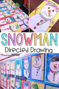 the snowman directed drawing is displayed with pictures