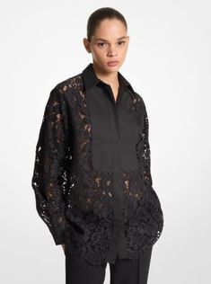 A classic point collar and bib inset add modesty to this sheer floral lace shirt. Finished with crisp cotton cuffs and a scalloped lace hem, it looks as sophisticated with the season’s denim as it does with a bias-cut skirt. Made in Italy. Lace Skirt And Blouse, Rich Fashion, Black Lace Skirt, Bias Cut Skirt, Black Lace Tops, Lace Hem, Scalloped Lace, Lace Shirt, Floral Shirt