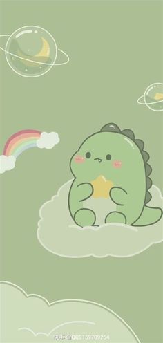 a little green dinosaur sitting on top of a cloud with a rainbow in the background