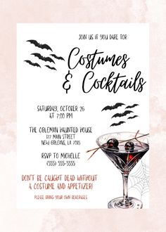 a halloween party flyer with a cocktail in a coupe glass and bats on the side