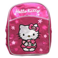 She loves flowers! ; Hello Kitty backpack; Great for toddlers as a play backpack; Single zippered compartment; Not recommended for school use; Measures 8in (20cm) wide and 10in (25cm) tall Size: Mini.  Color: Multicolor.  Gender: unisex.  Age Group: toddler. Flowers Hello Kitty, Casual Pink Hello Kitty Print Backpack, Pink Hello Kitty Standard Backpack, Playful Hello Kitty Backpack, Cheap Playful Hello Kitty Backpack, Multicolor Hello Kitty Print Backpack, Jansport Backpacks Big Student, Hello Kitty Backpack, 35l Backpack