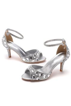 Indulge in glamour with these crystal rhinestone peep-toe high heels ankle strap sandals, combining sophistication and sparkle for a stunning and stylish statement. Style:Gorgeous Embellishment:Rhinestone Heels Type:Stiletto Heel height:2.95inch Closure Type:One-strap Buckle Toe:Peep Toe Upper Material:PU Leather Sole Material:Rubber Lining Material:PU Leather Casual Wedding Guest Dresses, Black Tie Wedding Guests, Rhinestone Heels, Matching Accessories, Toe Designs, Party Shoes, Ankle Strap Sandals, Stiletto Heel, Strap Sandals