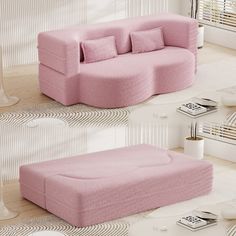 a pink couch sitting on top of a white floor next to a table and lamp