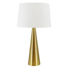 a gold table lamp with a white shade